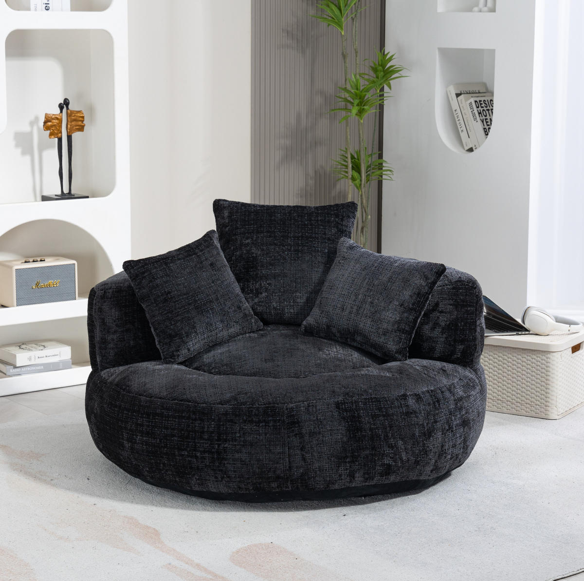 SITZSACK mit Armlehnen 108 x 108 x 52 cm Chenille Black - Schwarz, Kunststoff (108/52/108cm) - Beauniv