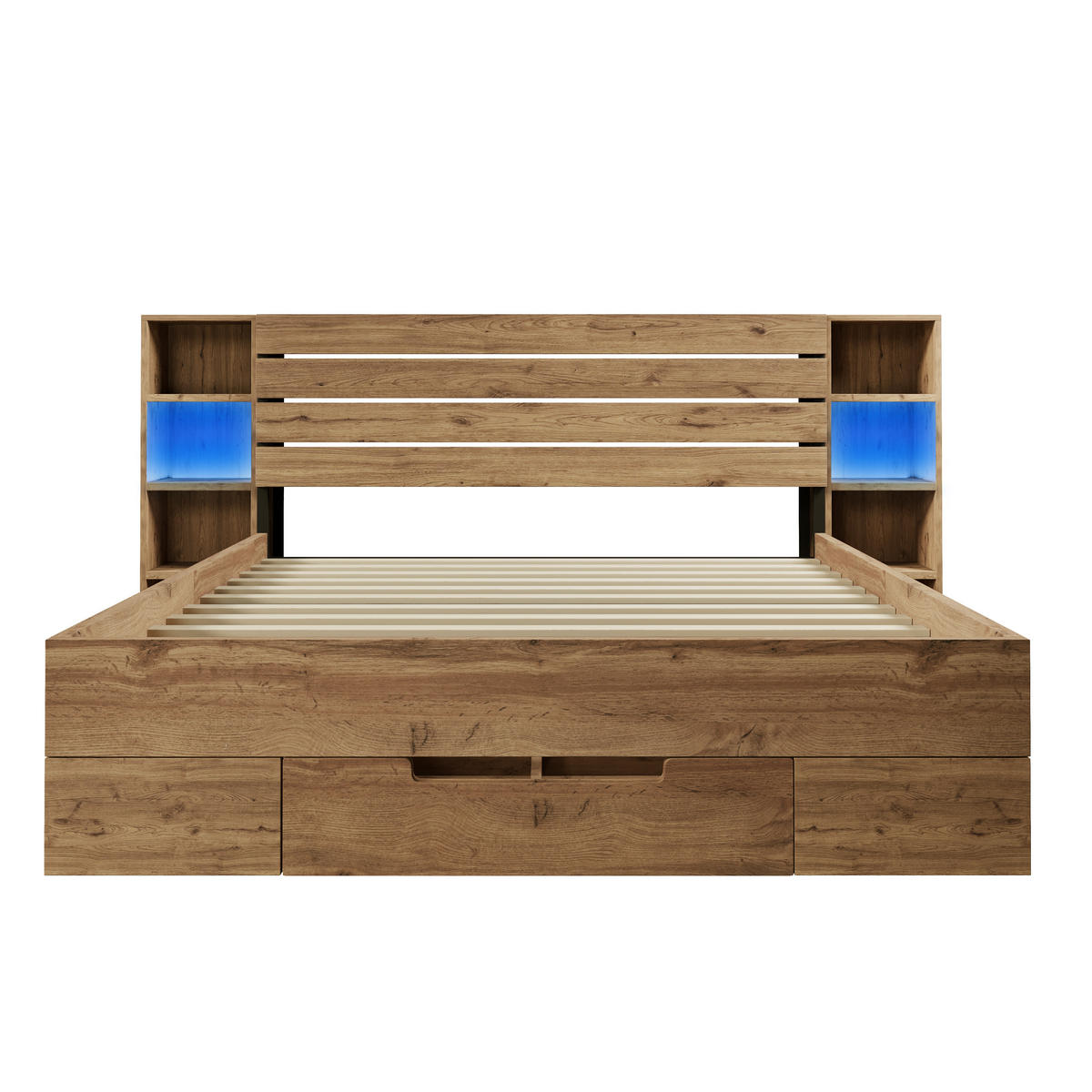 BETT 180/200 cm in Eiche mit 2 Schubladen, LED und USB - Naturfarben, Holzwerkstoff/Metall (180/200cm) - WISHDOR