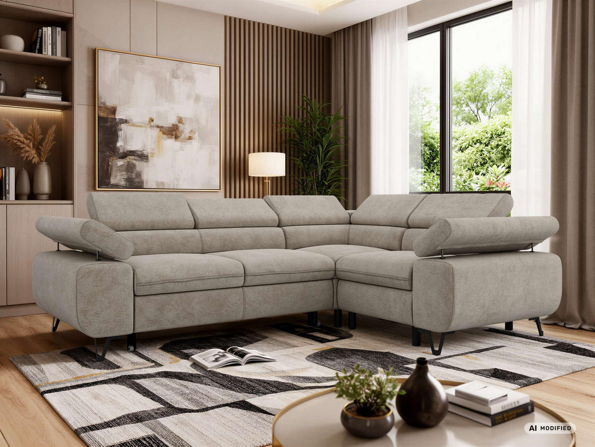 ECKSOFA FALCO L - Greige Stukture - Rechts Seite - Greige/Schwarz, Textil/Metall (268/197cm) - MKS