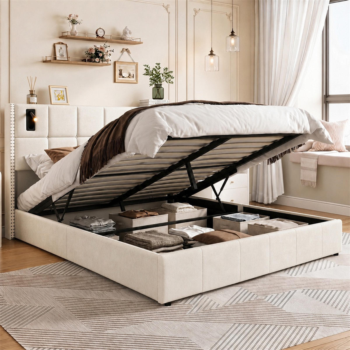 POLSTERBETT 160x200 cm - mit integrierten LED-Leseleuchten und hydraulischer Hebefunktion - ohne Matratze - Beige - Beige, Textil (160/200cm) - DELFA