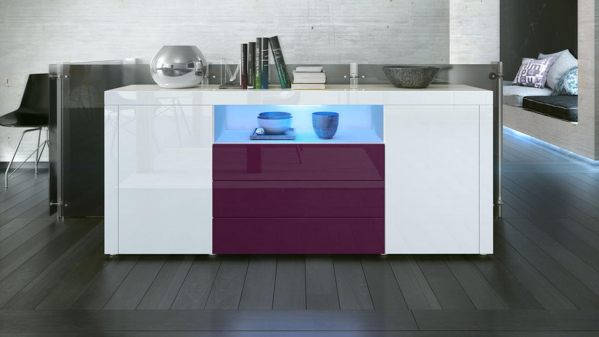 SIDEBOARD Santiago Weiß Hochglanz / Brombeer Hochglanz - Weiß Hochglanz, Holzwerkstoff (167/72/35cm) - Vladon