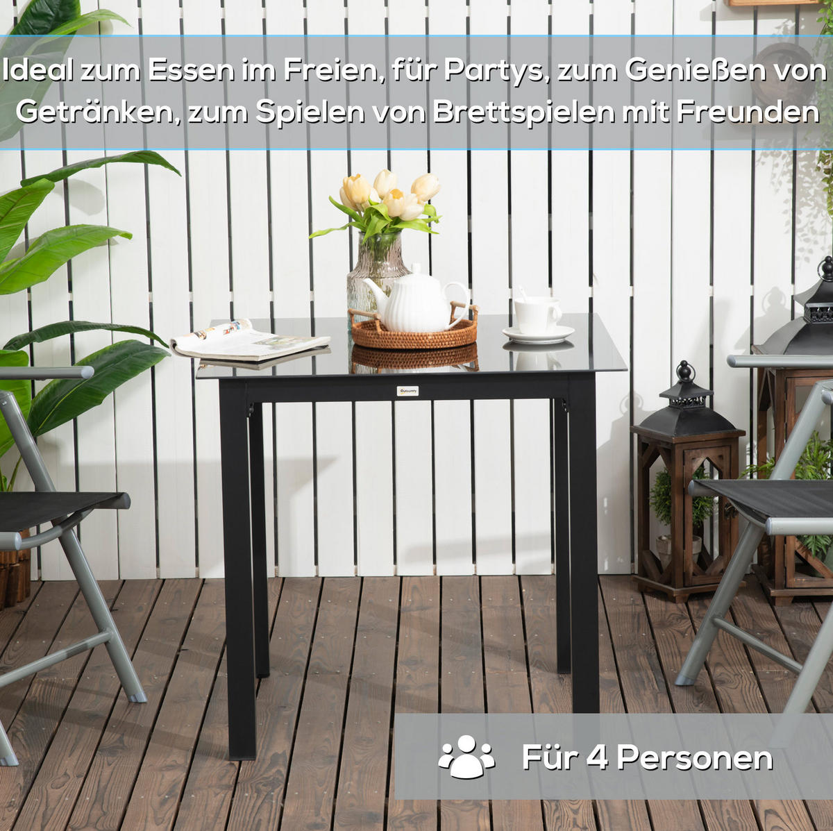 GARTENTISCH 80/80/74 cm schwarz aus Aluminium mit Glasplatte - Schwarz, Metall (80/80/74cm) - OKWISH