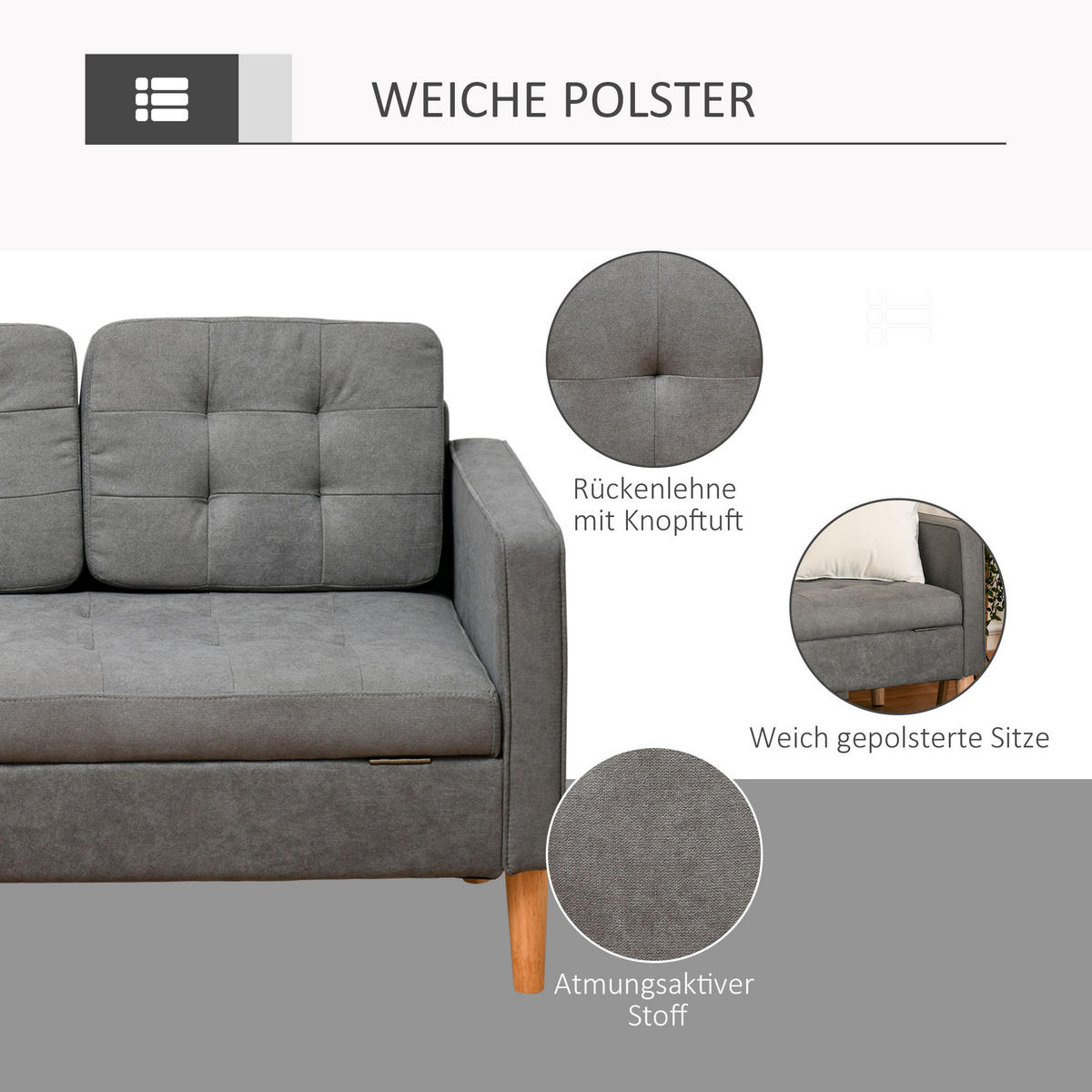 3-SITZER Sofa Stoffsofa Doppelsofa abnehmbar mit Kissen Gummiholz Baumwoll Grau - Naturfarben/Grau, Holz/Textil (62/82/166.5cm) - HOMCOM