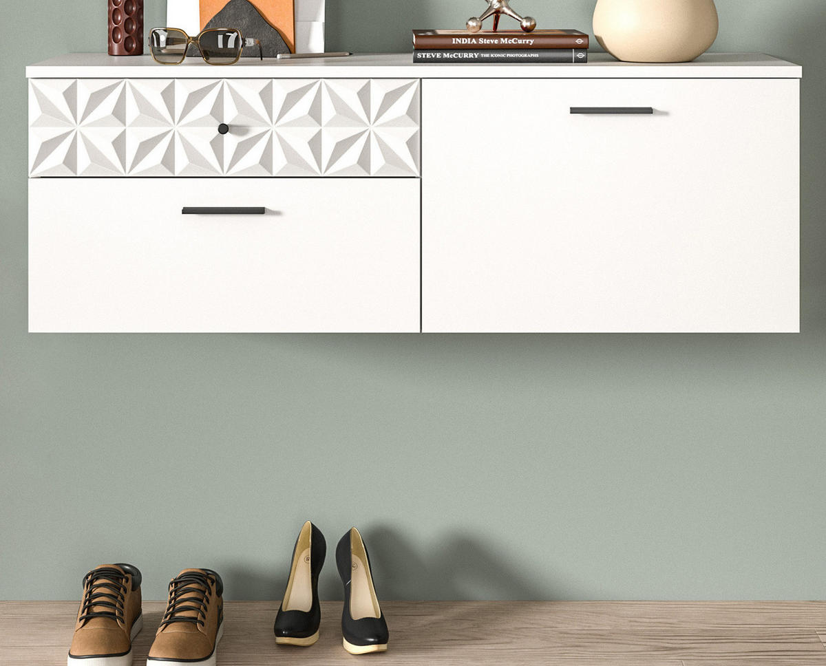 SCHUHSCHRANK weiß Hochglanz 110 cm, Kommode hängend mit 3D-Struktur - Weiß Hochglanz/Schwarz, Holzwerkstoff/Metall (110/38/35cm) - Inn.Furn