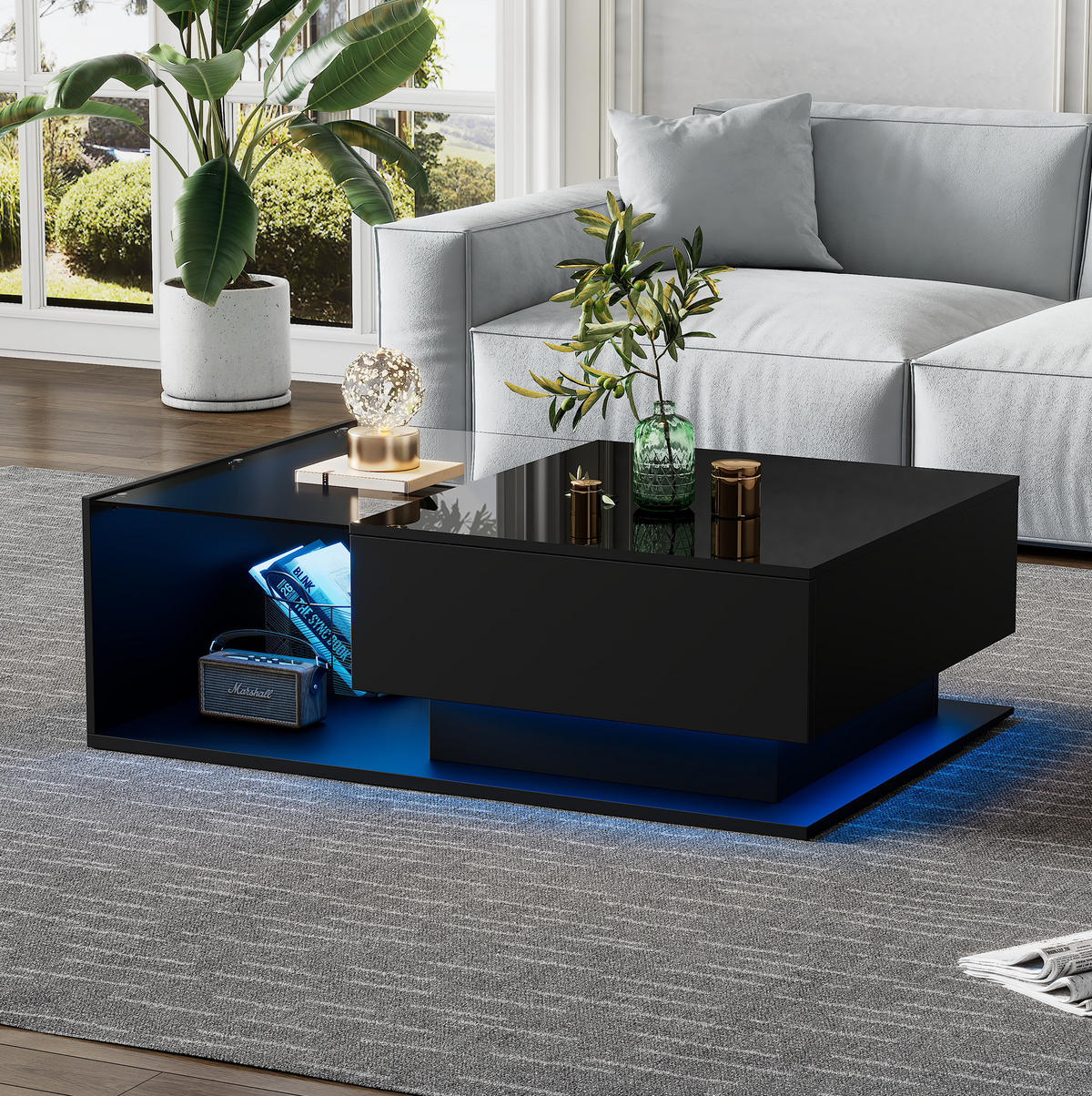 COUCHTISCH, Schwarz Hochglanz mit Glasplatte und 1 Schublade, integrierte LED‑Steuerung, 100/50/32 cm,Schwarz - Schwarz, Holzwerkstoff (100/50/32cm) - Redom