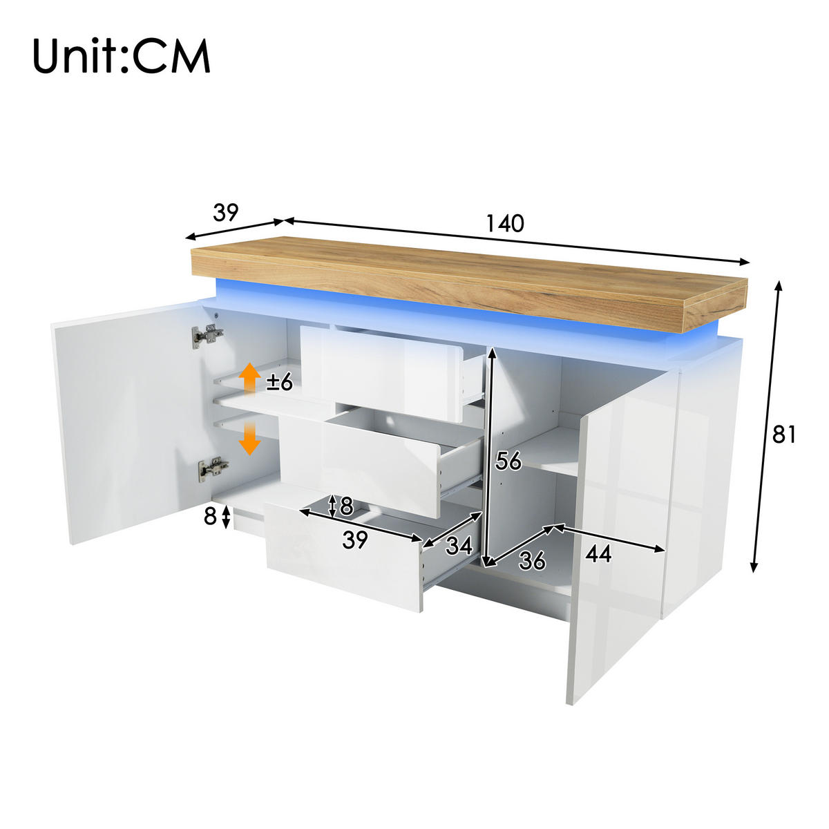 SIDEBOARD in Weiß Hochglanz Sideboard mit Schubladen und LED für Wohnzimmer und Schlafzimmer, B140/T39/H81 cm - Weiß, Holzwerkstoff (140/81/39cm) - STILVORA
