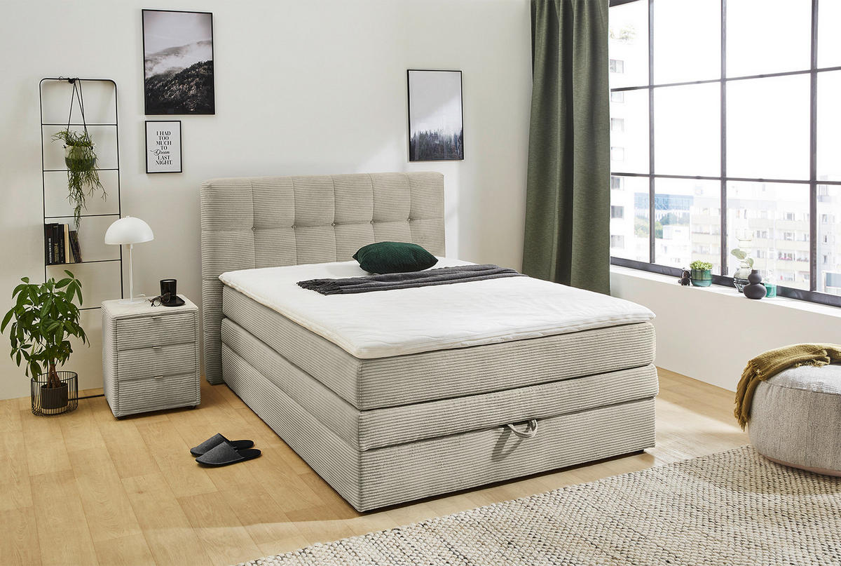 BOXSPRINGBETT 140x200 cm, 7-Zonen-Tonnentaschen-Federkernmatratze H3, Topper, Bonell-Federkern, großer Bettkasten, Cord Beige Grau / 20036 - Greige/Beige, Kunststoff/Textil (140/200cm) - luma-home