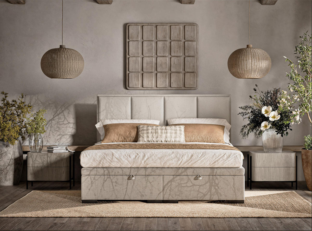 POLSTERBETT Fogo 200/200 cm, in Beige, Bettkasten, gepolstertes Kopfteil - Beige/Schwarz, Holz/Holzwerkstoff (200/200cm) - Maison de Reve