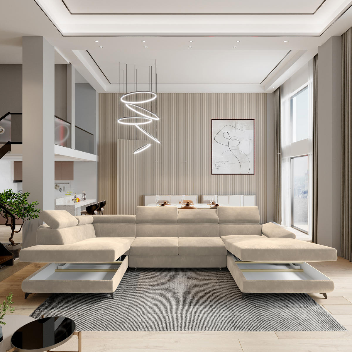 WOHNLANDSCHAFT RUBANO L-S Creme Velours-Stoff mit Schlaffunktion - Creme, Holz (339/89/190cm) - MASSENO