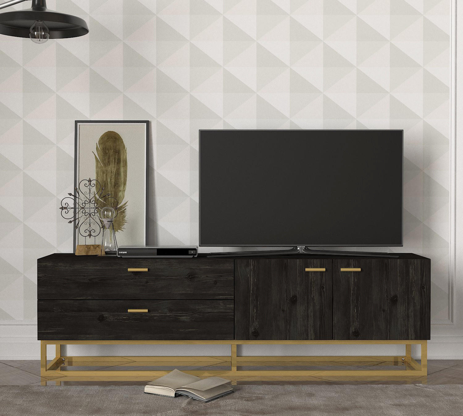 TV-LOWBOARD Theodora Rebab Gold mit Metall Füße - Dunkelgrau/Goldfarben, Holzwerkstoff/Metall (160/48/36.8cm) - moebel17