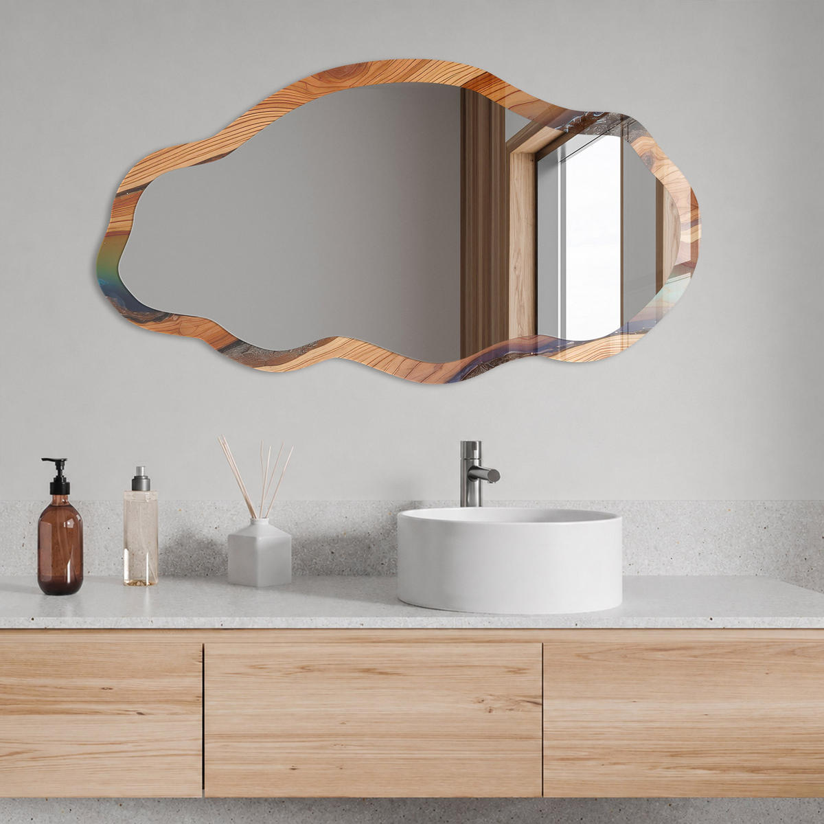 SPIEGEL 90x45 cm asymmetrisch mit Druck - Holzharz - Transparent, Glas (45/90/0.4cm) - TULUP