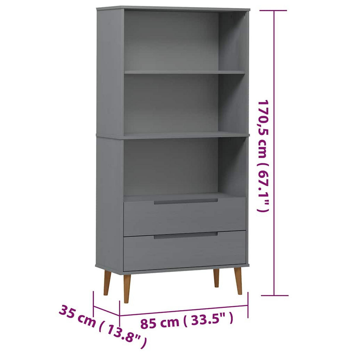 BÜCHERREGAL Molde Grau 85/35/170,5 Cm Massivholz Kiefer - Grau, Holz (35/170.5/85cm) - vidaXL