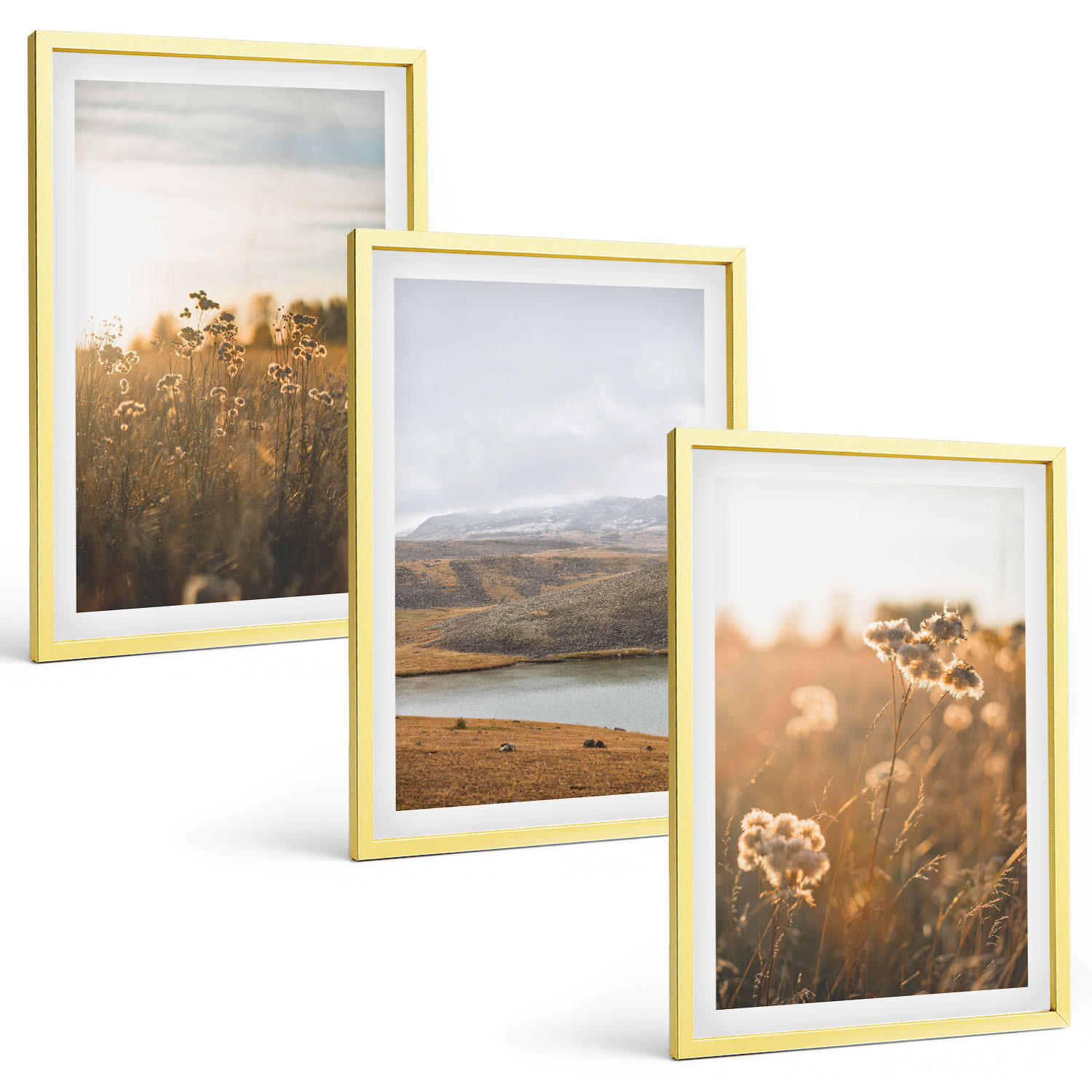 BILDER SET 3er Set - 40x60 cm Goldrahmen - Landschaften Wiesen Berge See - Goldfarben, Kunststoff (40/60cm) - TULUP