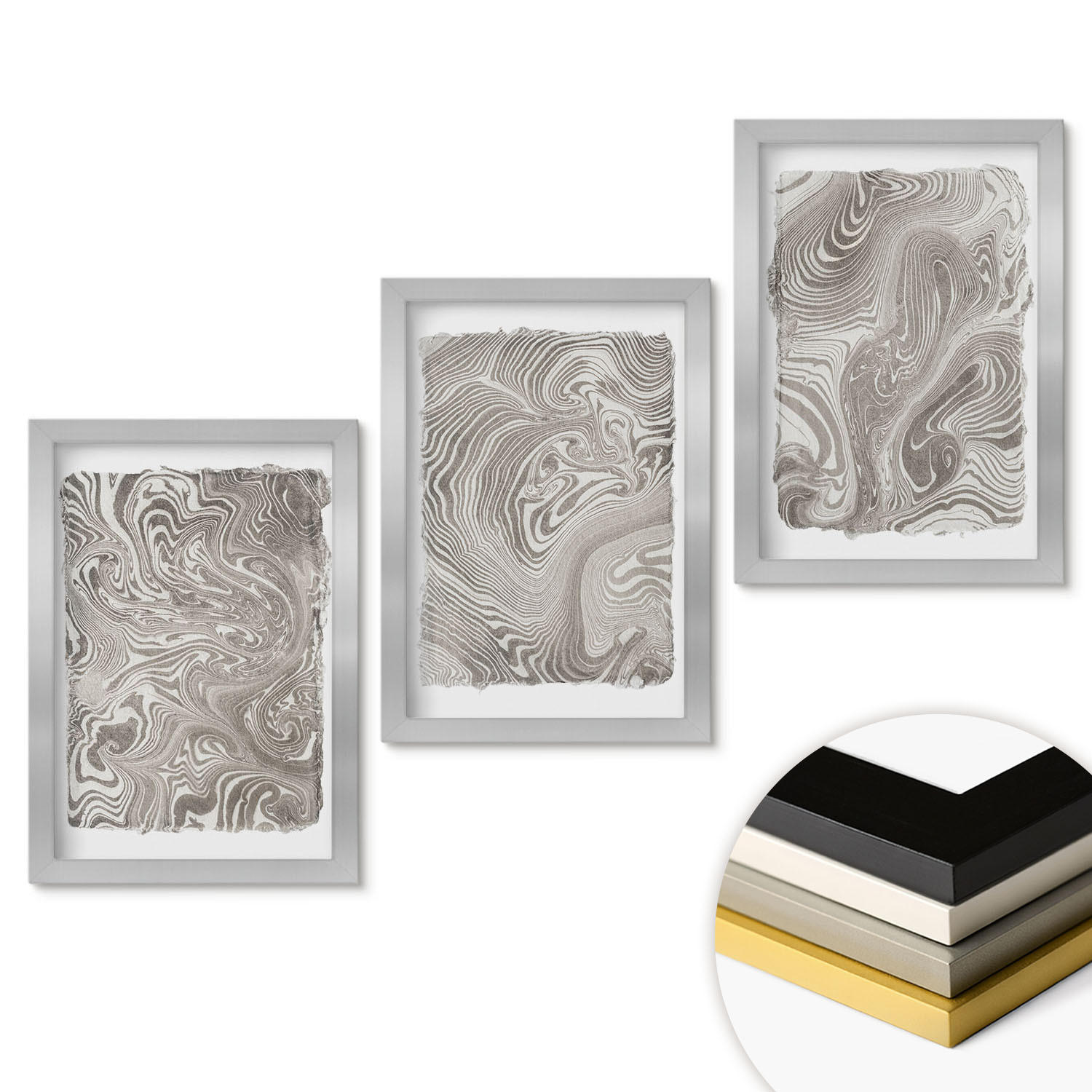 WANDBILDER 3er Set - 20x30 cm Silberner Rahmen - Moderne Formen Malerei - Silberfarben, Kunststoff (20/30cm) - ArtPrintCave