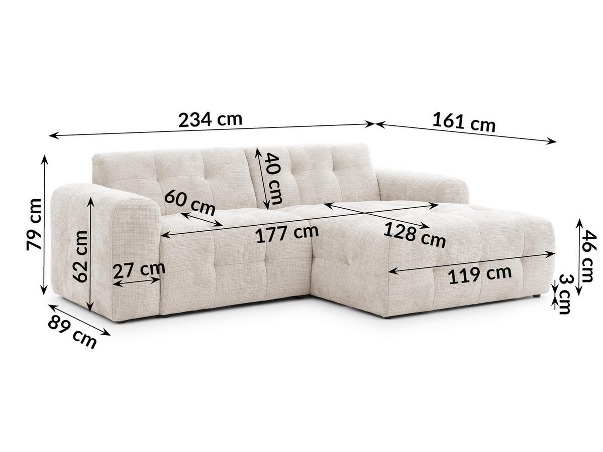 ECKSOFA Kozy im Bumpy-Design mit fester Rückenlehne aus weichem Beige Chenille-Stoff - Ottomane rechts - Beige/Creme, Holz/Kunststoff (234/161cm) - S-Style Möbel