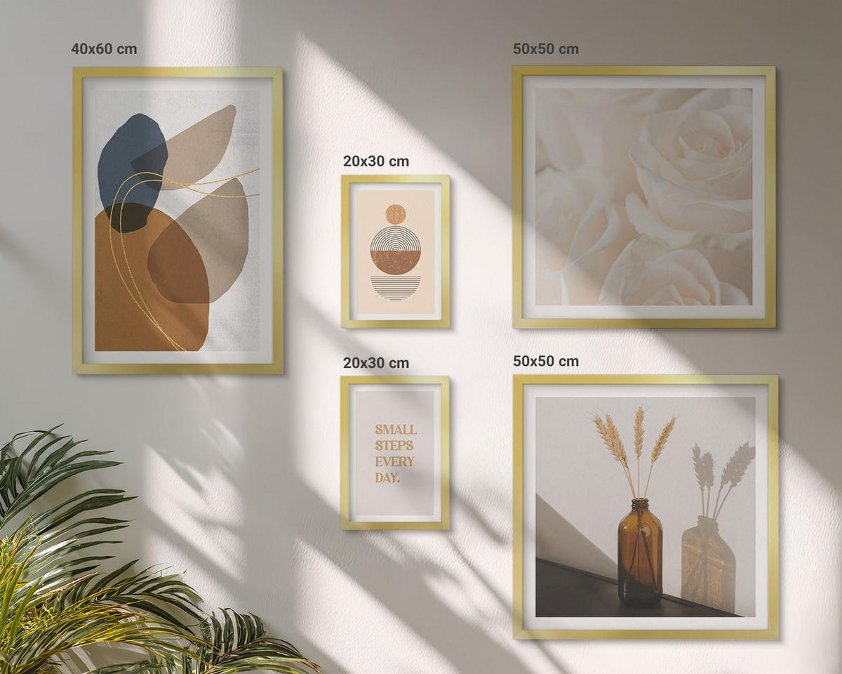 WANDBILDER 5er Set - 50x50 cm & 20x30 cm & 40x60 cm Goldrahmen - Abstrakte Formen Akzente - Goldfarben, Kunststoff (40/60cm) - ArtPrintCave