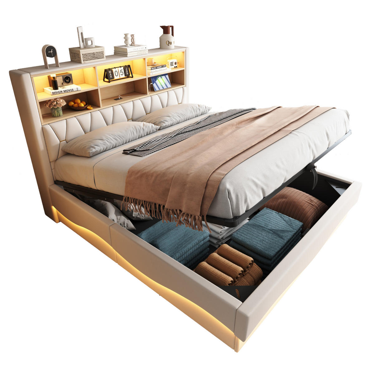 POLSTERBETT 180/200 cm mit LED-Beleuchtung, USB-Anschluss und hydraulischem Bettkasten, Leinen, Beige - Beige, Metall (180/200cm) - Redom