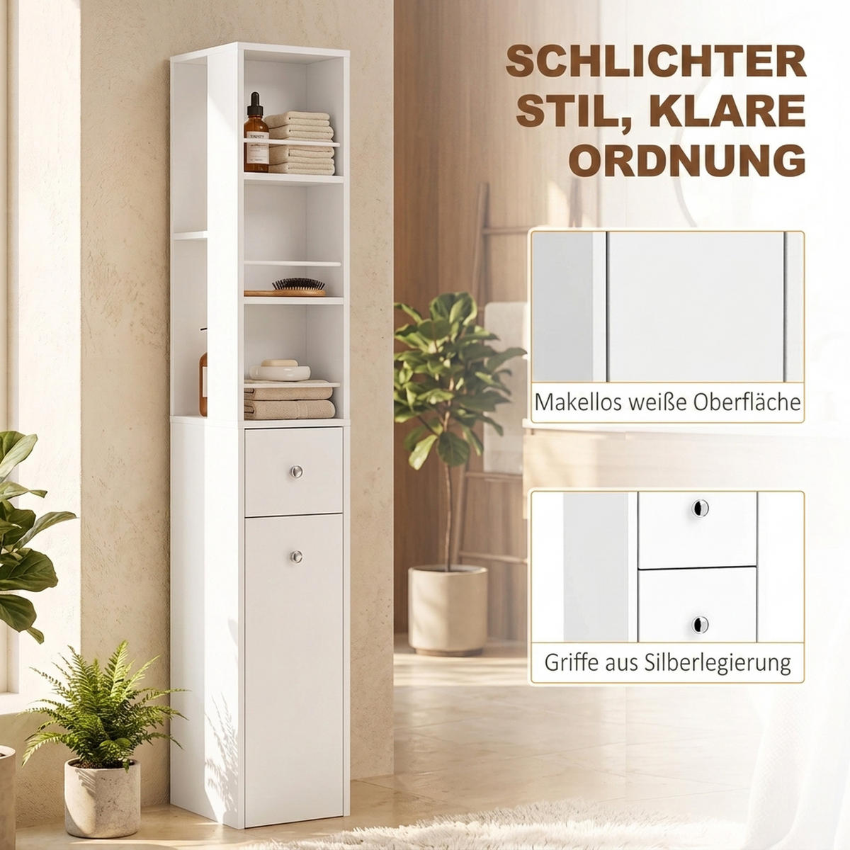 BADEZIMMERSCHRANK MDF Weiß - Silberfarben/Weiß, Holzwerkstoff/Metall (18/135/40cm) - HOMCOM