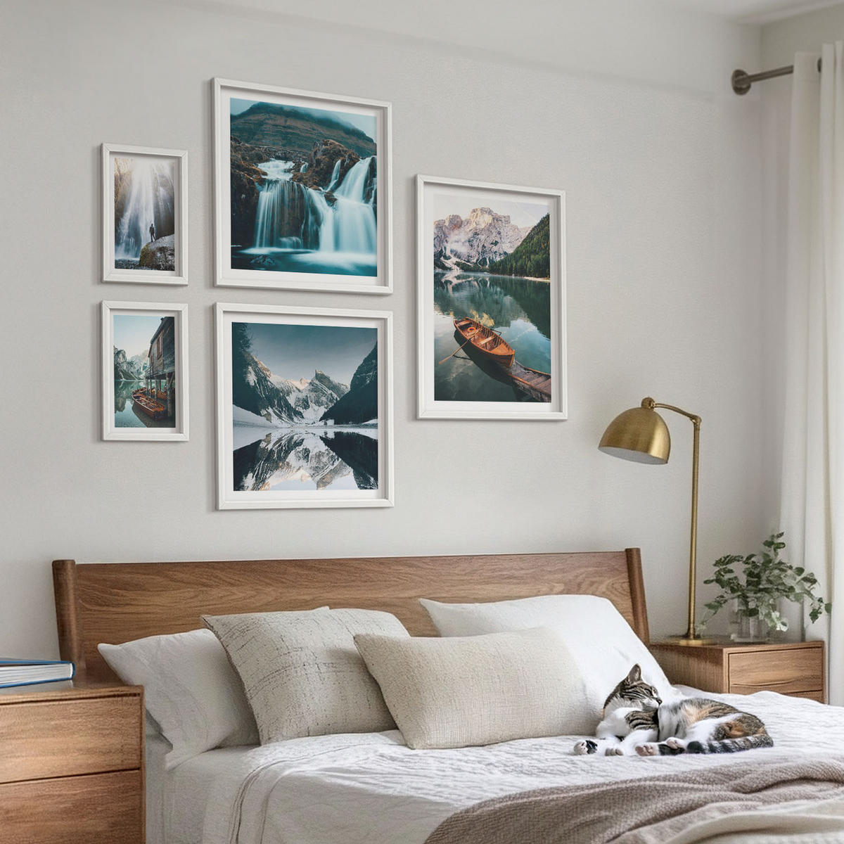 WANDBILDER 5er-Set - 50x50 cm & 20x30 cm & 40x60 cm Weißer Rahmen - Spiegelung der Boote auf Bergseen - Weiß, Kunststoff (40/60cm) - ArtPrintCave