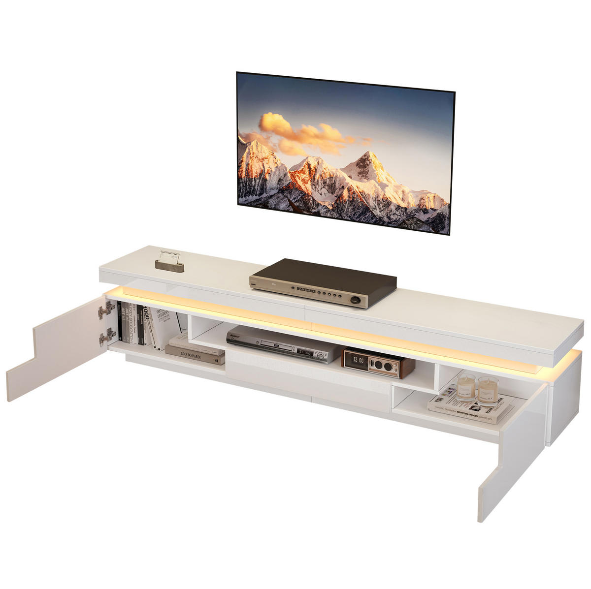 TV-LOWBOARD aus Spanplatte 175x38x45 cm Weiß mit LED-Beleuchtung, 2 Schränken, 1 Schublade und Hochglanzfront - Weiß, Holzwerkstoff (175/45/38cm) - Modfu