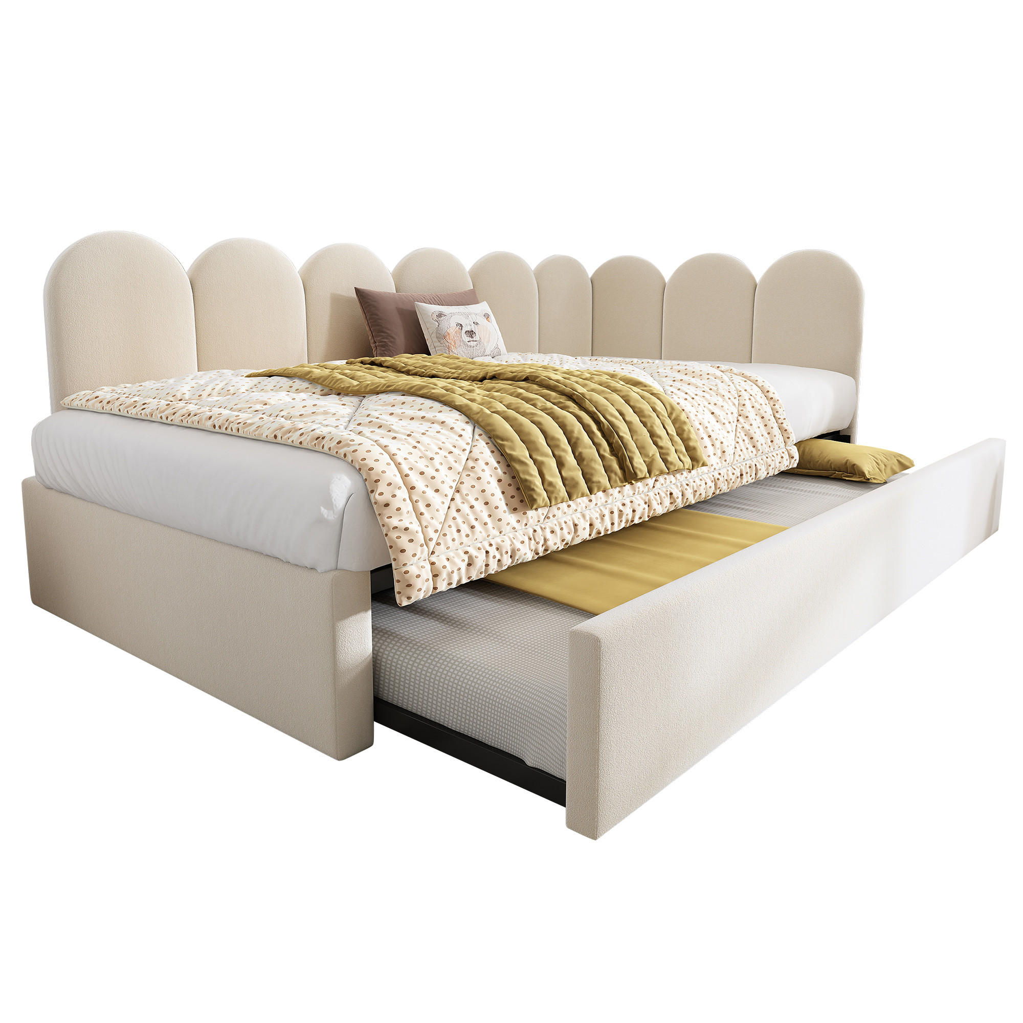 POLSTERBETT 90/200 cm mit Ausziehbett 90/190 cm, Gitter-Design und Samtbezug, Beige - Beige, Textil (90/200cm) - Redom
