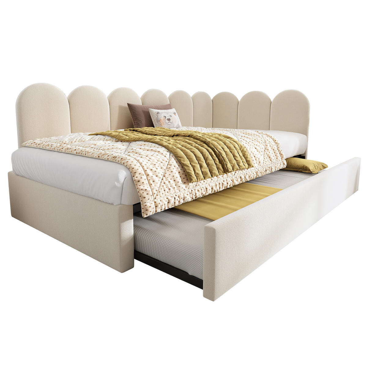 TAGESBETT mit Ausziehbett 90/200 cm aus Samt Beige mit kinderfreundlichem Gitter-Design - Beige, Textil (90/200cm) - OKWISH