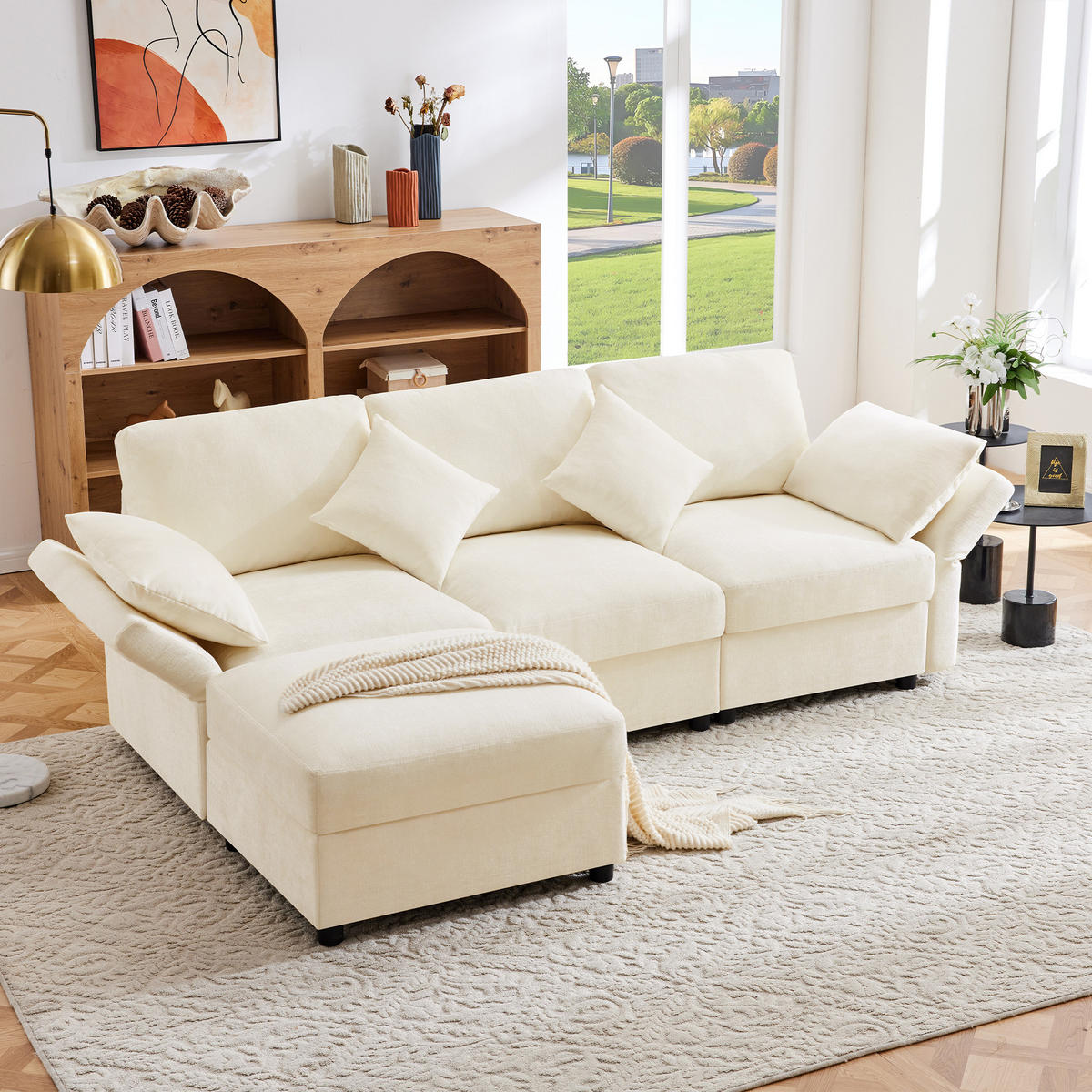 ECKSOFA, Chenille mit verstellbaren Armlehnen & Hocker, 218/156,5/86 cm, Beige - Beige, Textil (156.5/218cm) - Redom