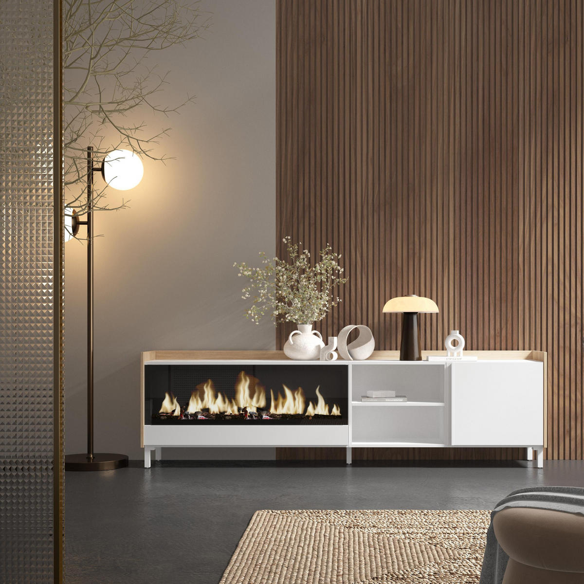 LOWBOARD, Weiß und Eiche, 212/35/61cm, Kamin mit Feuereffekt XXL - Weiß, Holzwerkstoff (212/61/35cm) - Skraut Home
