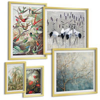 BILDER SET 5er Set - 50x50 cm & 20x30 cm & 40x60 cm Goldrahmen - Pastellfarbene Berglandschaft mit rosa Flamingos - Goldfarben, Kunststoff (40/60cm) - TULUP