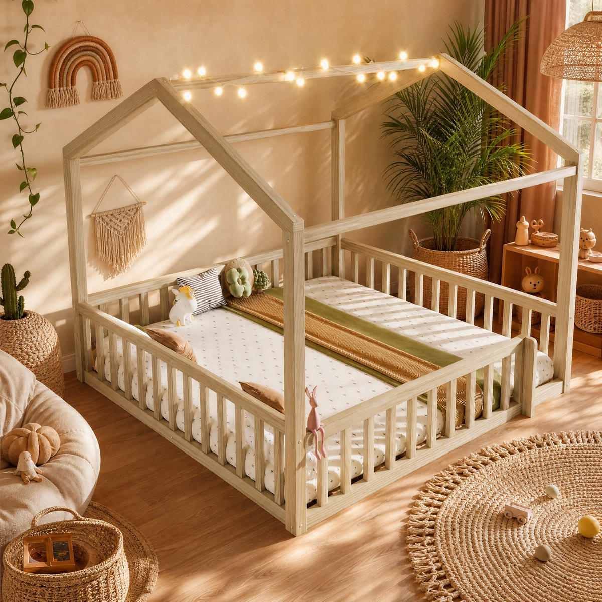 KINDERBETT 90/190 mit Hausdesign und Gitter in Natur - Naturfarben, Holzwerkstoff (90/190cm) - EVRYAE