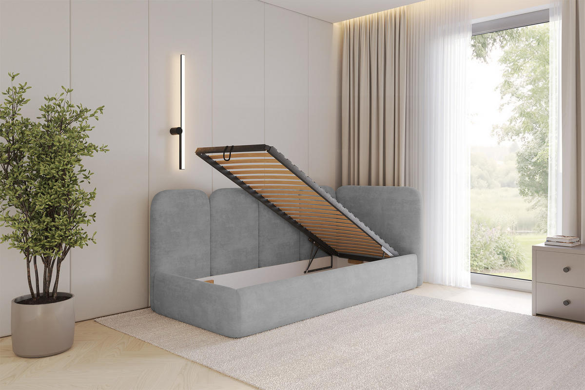EINZELLBETT Jugendbett mit Bettkasten, Links - VELY 90x200 Grau - Hellgrau, Holzwerkstoff/Textil (90/200cm) - ALTDECOR