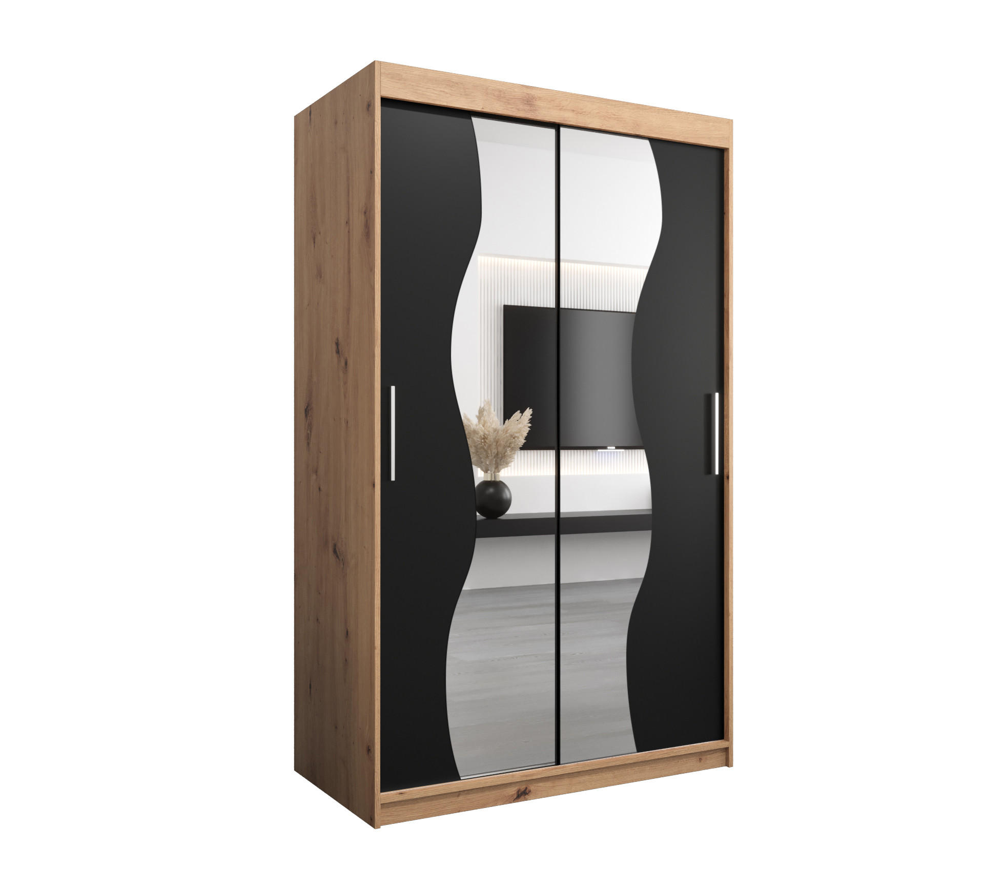 Abiks Möbel Schwebetürenschrank Eiche Artisan, Schwarz 120x200x62 cm