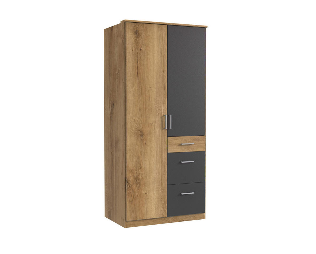KLEIDERSCHRANK Click in Plankeneiche mit Grafit - Drehtürenschrank 91 cm Breite ohne Spiegel - Braun, Holzwerkstoff (91/199/58cm)