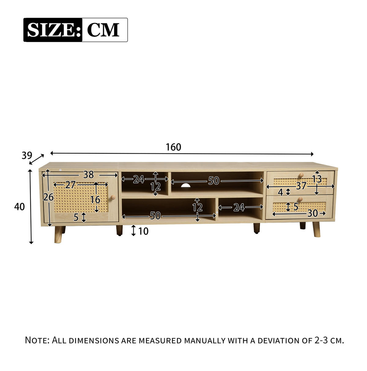 LOWBOARD 160/39/40,5 cm in Eichefarben mit Rattanfront und Kabelmanagement - Naturfarben, Holzwerkstoff (160/40/39cm) - Flora Grace