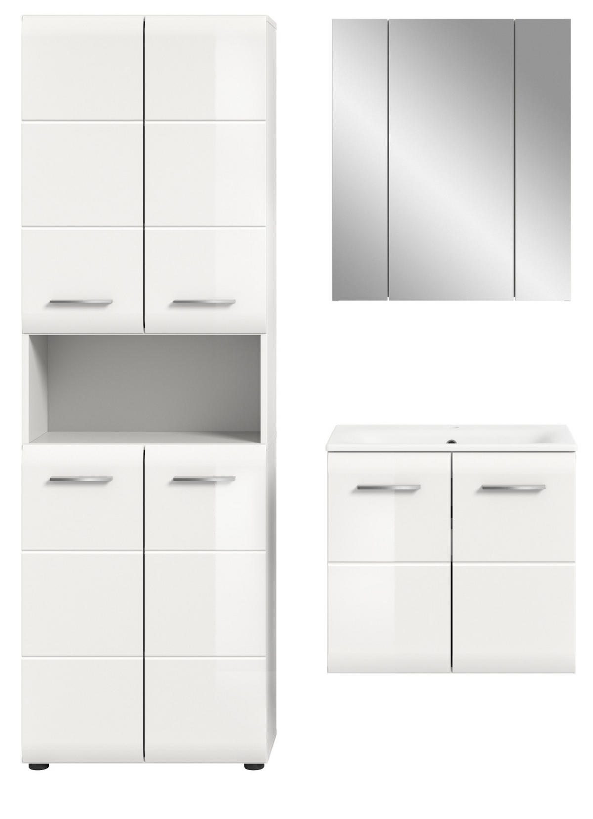 BADMÖBEL-SET 3-teilig in weiß Hochglanz inkl. Waschbecken 135 x 185 cm Cover - Weiß Hochglanz/Silberfarben, Holzwerkstoff/Kunststoff (135/185/46cm) - Inn.Furn