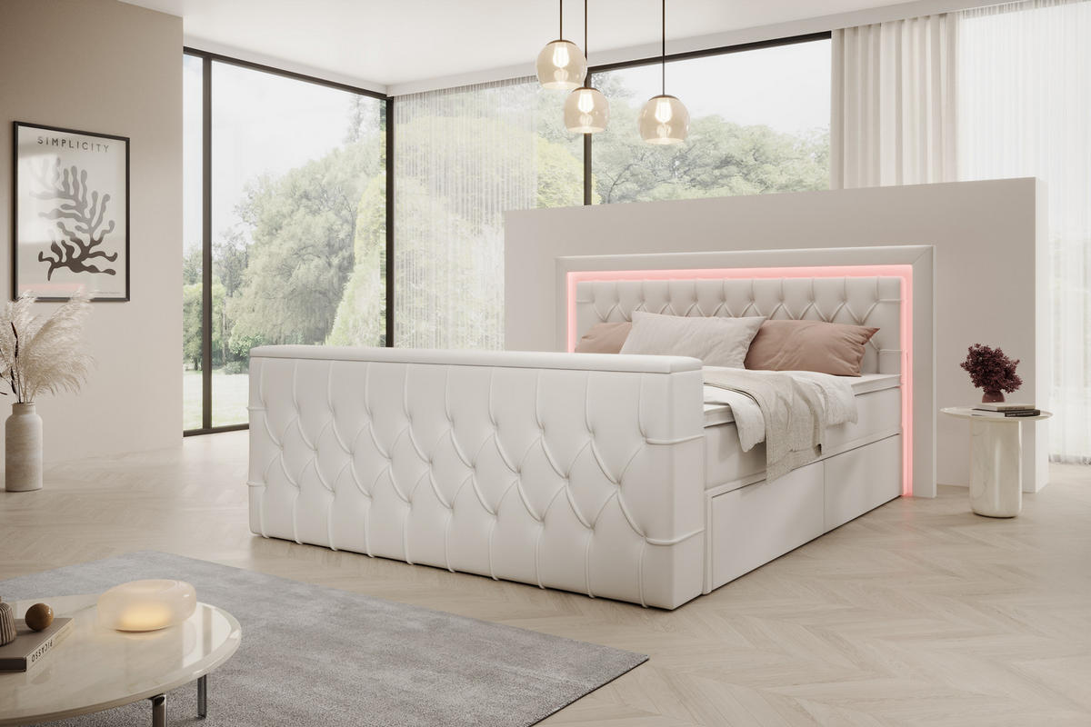 BOXSPRINGBETT Arosa TV mit Schubladen und Topper, TV-Lift, LED Beleuchtung, Kunstleder, 180x200 cm, Weiß - Weiß, Holz - PROMETO Möbel