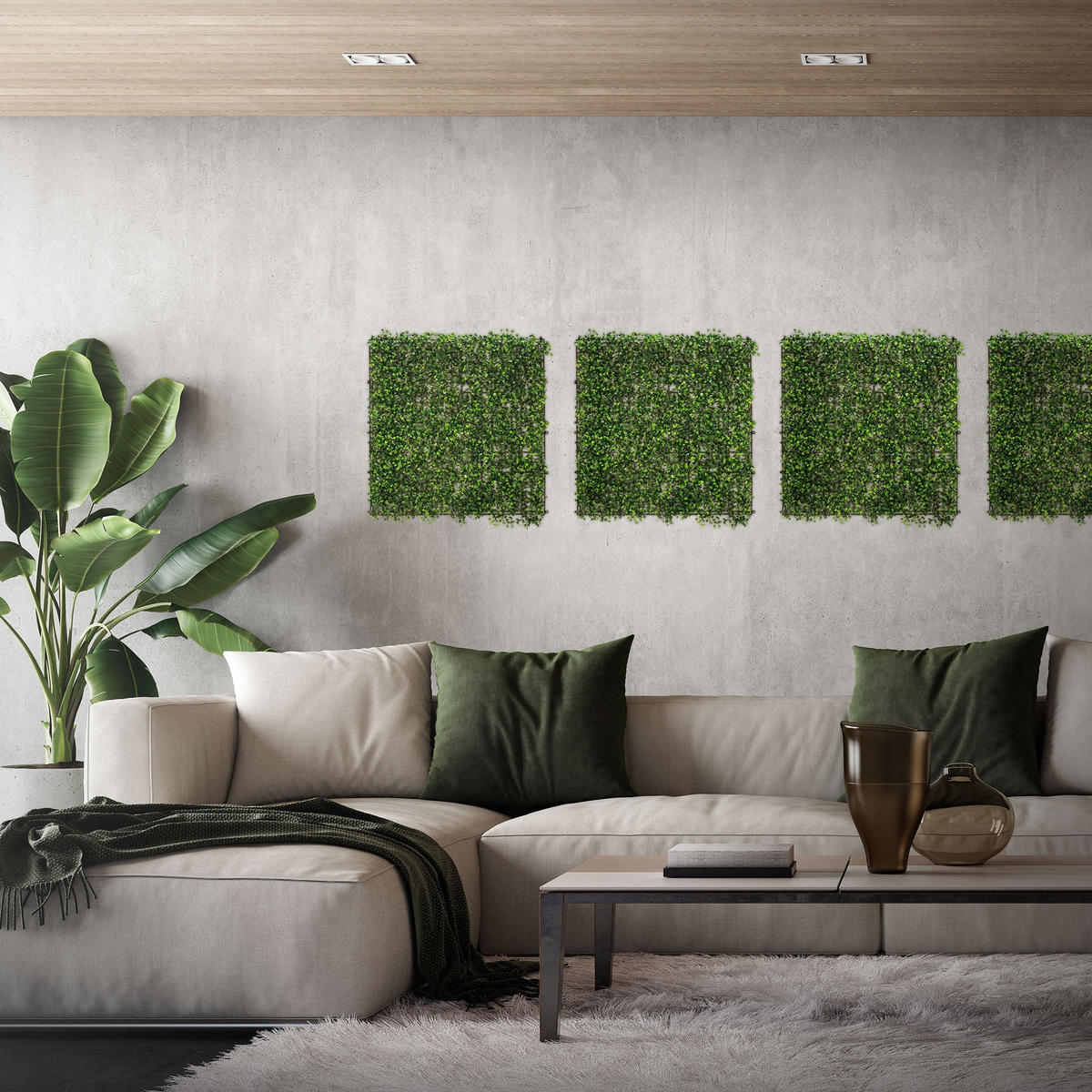 UMĚLÁ ROSTLINNÁ STĚNA, sada 4 ks, 50 x 50 cm, umělé rostliny na stěnu, interiér i exteriér, zelená, Classic Buxus - tmavě zelená, plast (50/50/5cm) - ECD-Germany