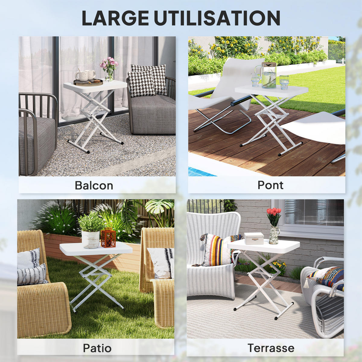 GARTENKLAPPTISCH DE-14174 höhenverstellbar 5-Stufen Weiß - Weiß, Metall (65/45/70cm) - ComfortXL