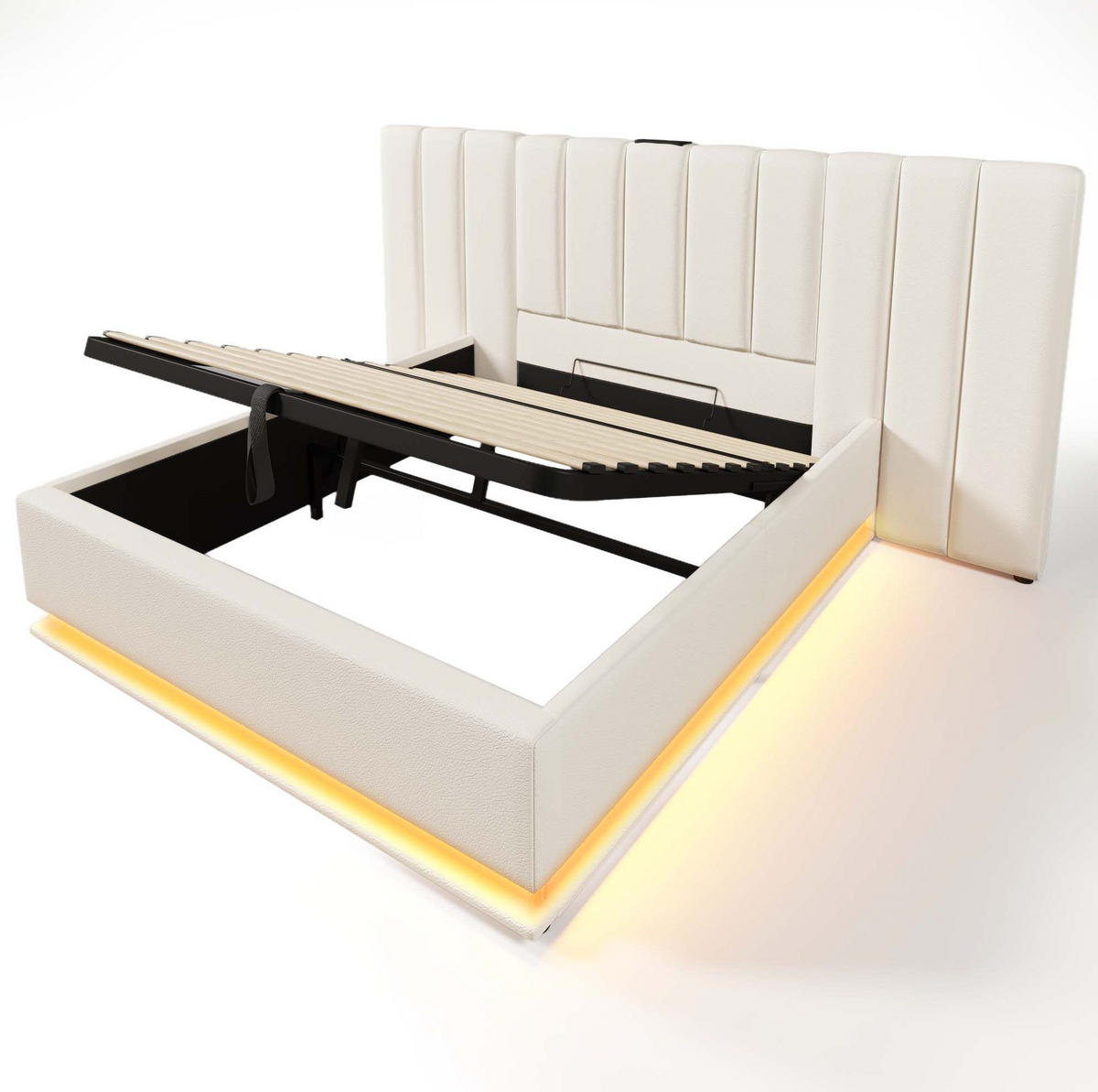 POLSTERBETT mit Bettkasten 180/200 cm in Weiß mit LED-Beleuchtung und USB-C - Weiß, Kunststoff (180/200cm) - BEAOK