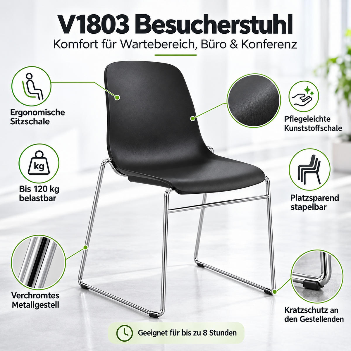 BESUCHERSTUHL V1803 Kunststoff Hartschale Schwarz - ergonomisch, 120 kg belastbar - Schwarz, Kunststoff/Metall (53/82/54cm) - Versee