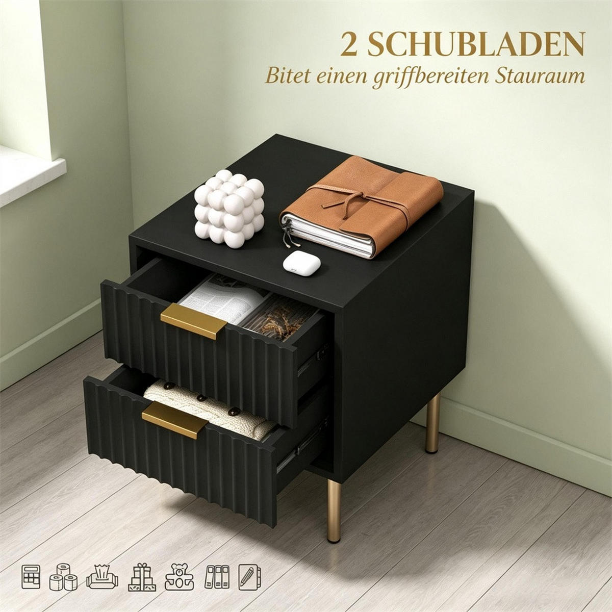 NACHTTISCH 40x39x48 cm Schubladenfront mit Rillenoptik - 2 Schubladen - Goldene Griffe - Schwarz - Schwarz, Holzwerkstoff (39/48/40cm) - DELFA