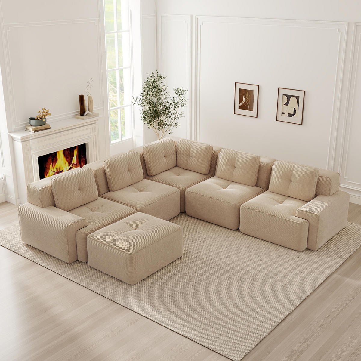 WOHNLANDSCHAFT DE-34424 mit Ottoman und Cordstoff Beige - Beige, Textil (295/69/295cm) - ComfortXL
