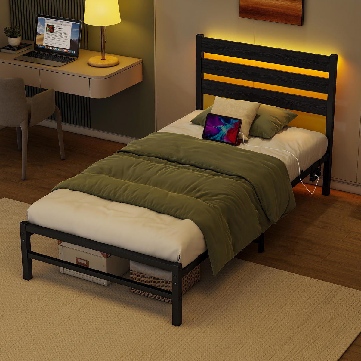 METALLBETT 90x200 cm LED USB Stauraum - Schwarz, Holzwerkstoff (90/200cm) - LEBENLANG