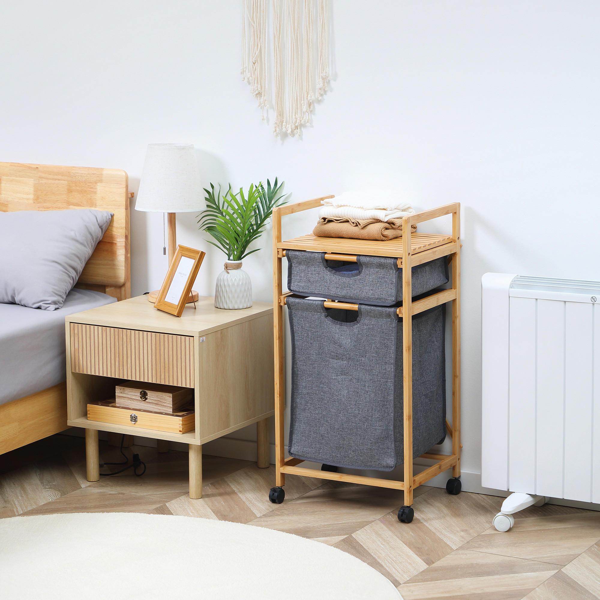 WÄSCHEKORB, Bambus, Polyester Natur+Grau - Naturfarben/Grau, Naturmaterialien (35/84.5/42cm) - HOMCOM