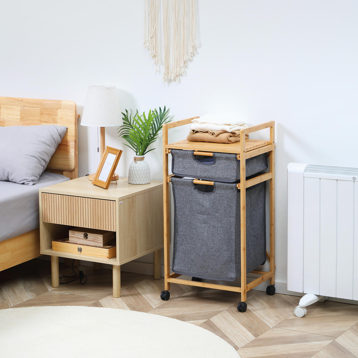 WÄSCHEKORB, Bambus, Polyester Natur+Grau - Naturfarben/Grau, Naturmaterialien (35/84.5/42cm) - HOMCOM