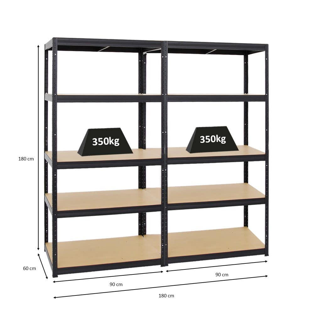 SCHWERLASTREGAL Slim Elephant M 2er-Set mit 2x 180x90x60 cm 5 Ebenen Fachlast 350 kg Schwarz - Schwarz, Metall (180/180/60cm) - PROREGAL