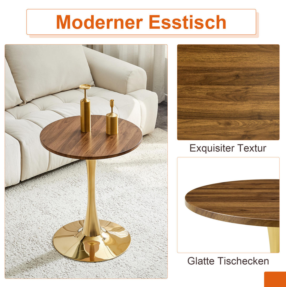 BEISTELLTISCH 60/60/72 cm mit runder MDF-Tischplatte und Metallfuß in Mid-Century-Optik, Gold/Walnuss - Goldfarben, Holzwerkstoff (60/60/72cm) - Redom