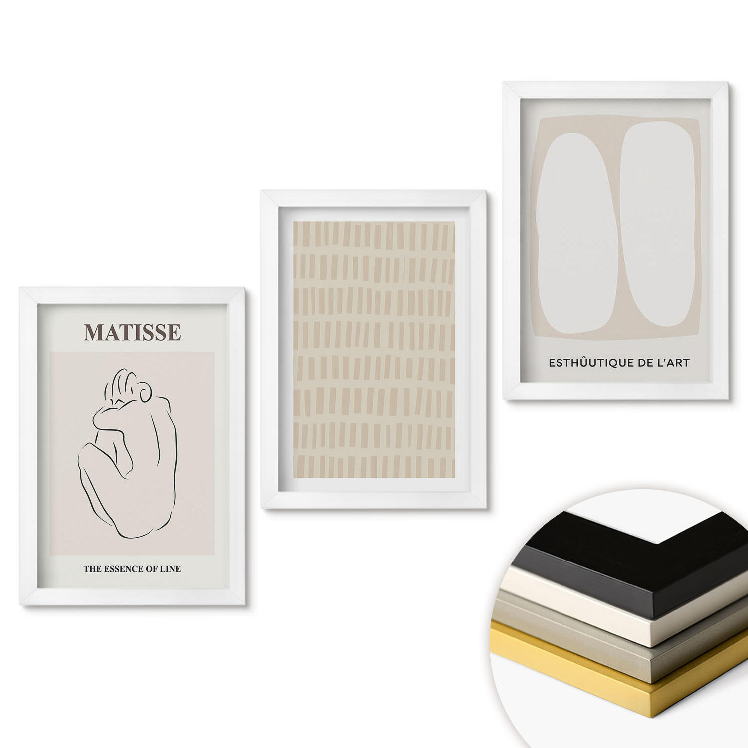 WANDBILDER 3er-Set - 20x30 cm Weißer Rahmen - Linien, Formen, Beige, Weiß - Weiß, Kunststoff (20/30cm) - ArtPrintCave