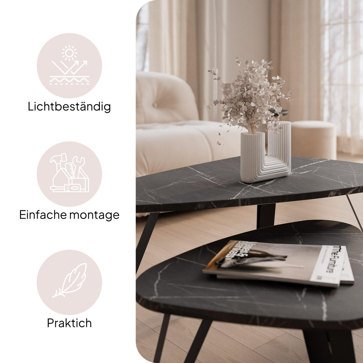 SATZTISCH NOA Stahlgestell, Freiform, Schwarz / Grigia Pietra - Schwarz/Grau, Holzwerkstoff (94/60/42cm) - Idohome