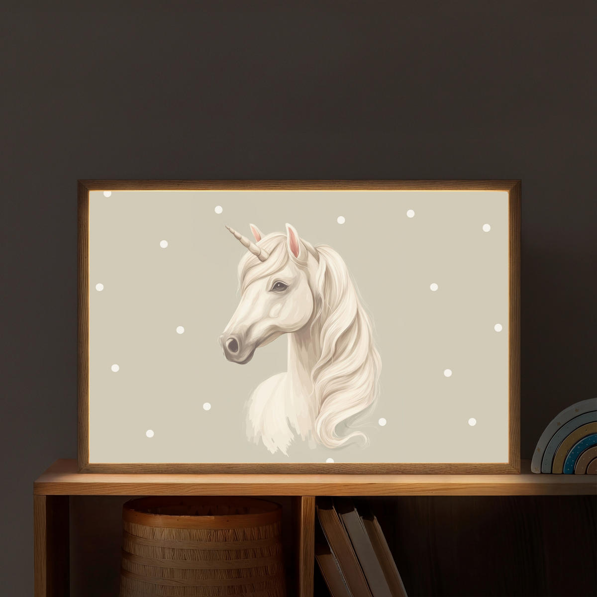 NÁSTĚNNÁ LAMPA S AKUMULÁTOREM Jednorožec - bílý - tečky 60x40 cm - šedohnědá, kompozitní dřevo (60/40/8cm) - OnlyWow